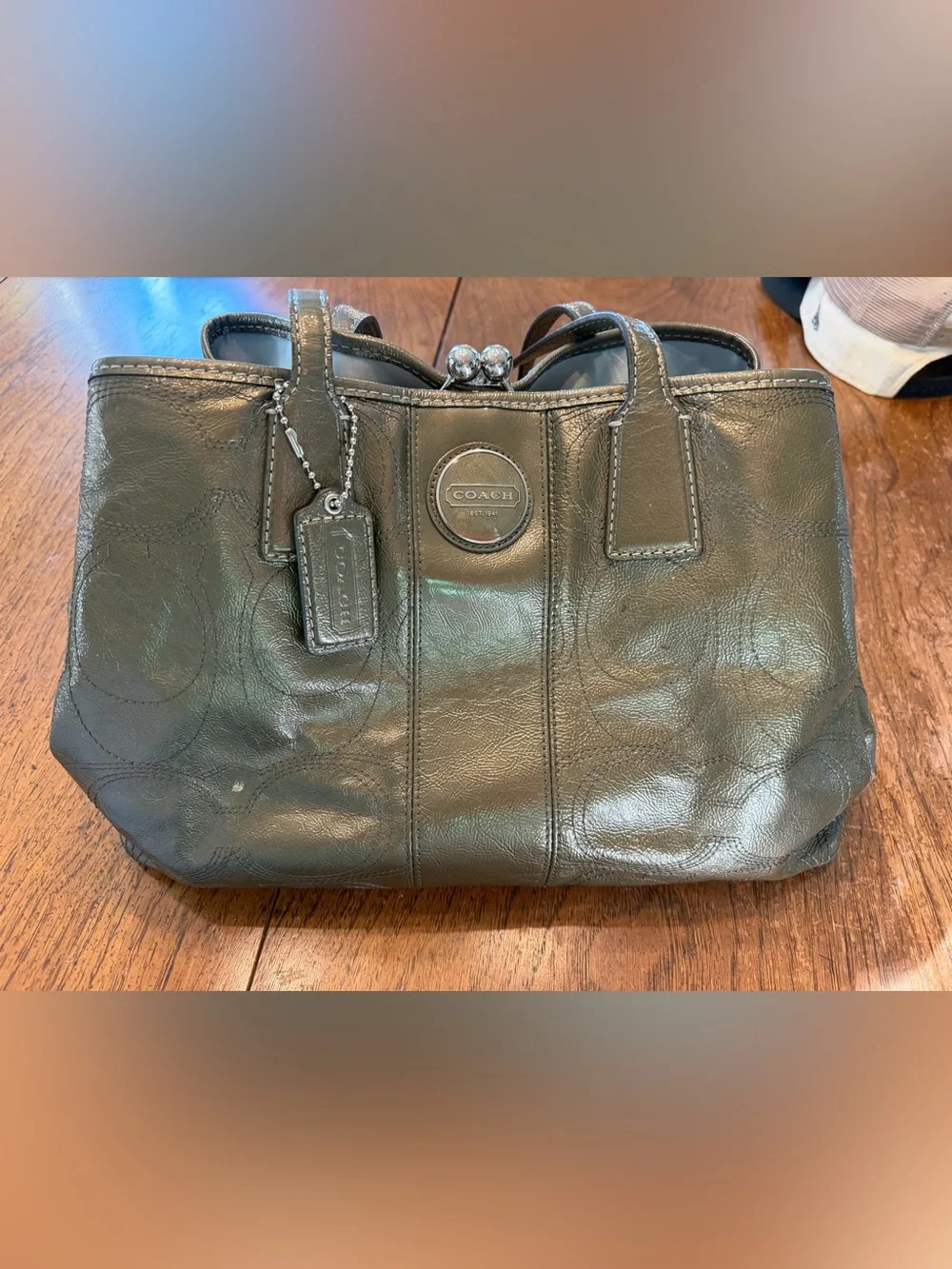 COACH Olive metallic patent Leather Signature Tote Bag F15658
